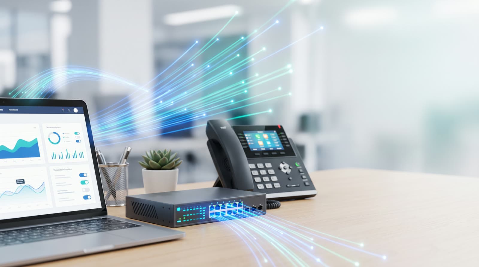 Networking equipment, VoIP phone, and dashboard representing digital services