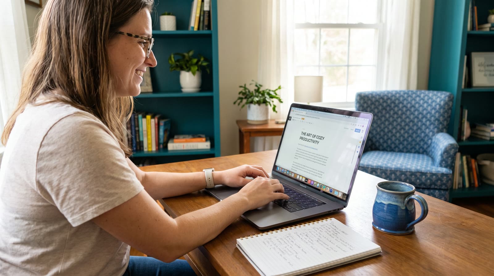 Content writer typing at a laptop with a notebook and coffee nearby