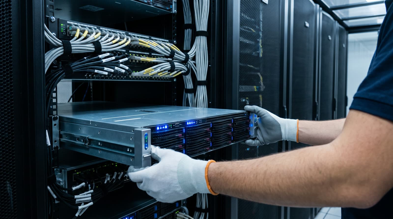 Engineer racking a dedicated physical server into a server cabinet