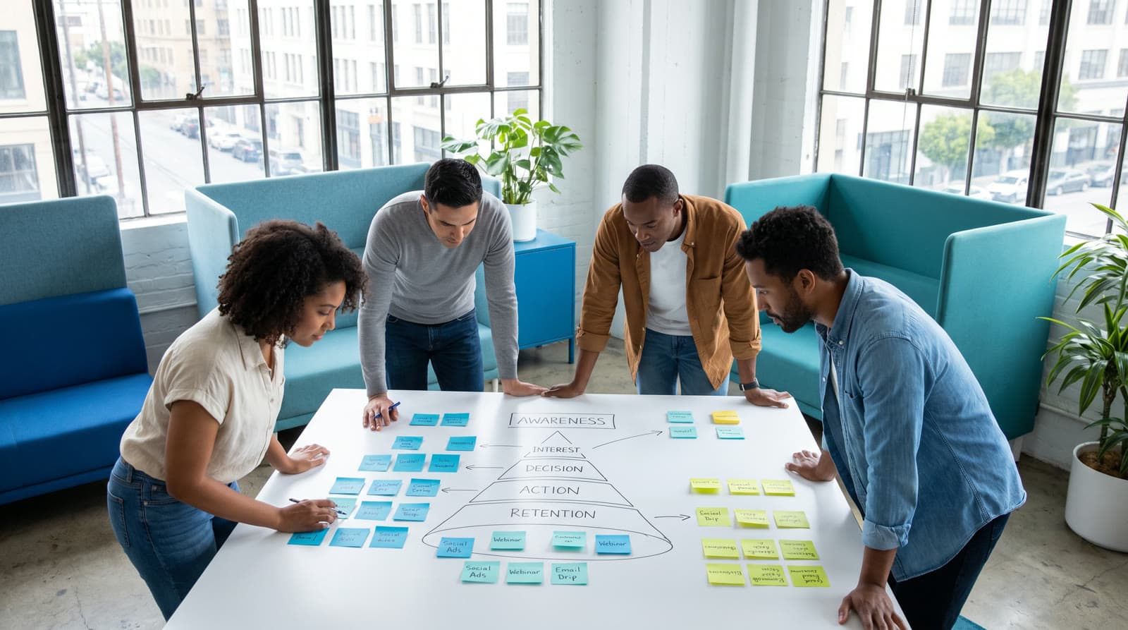 Marketing team mapping a customer funnel on a whiteboard with sticky notes