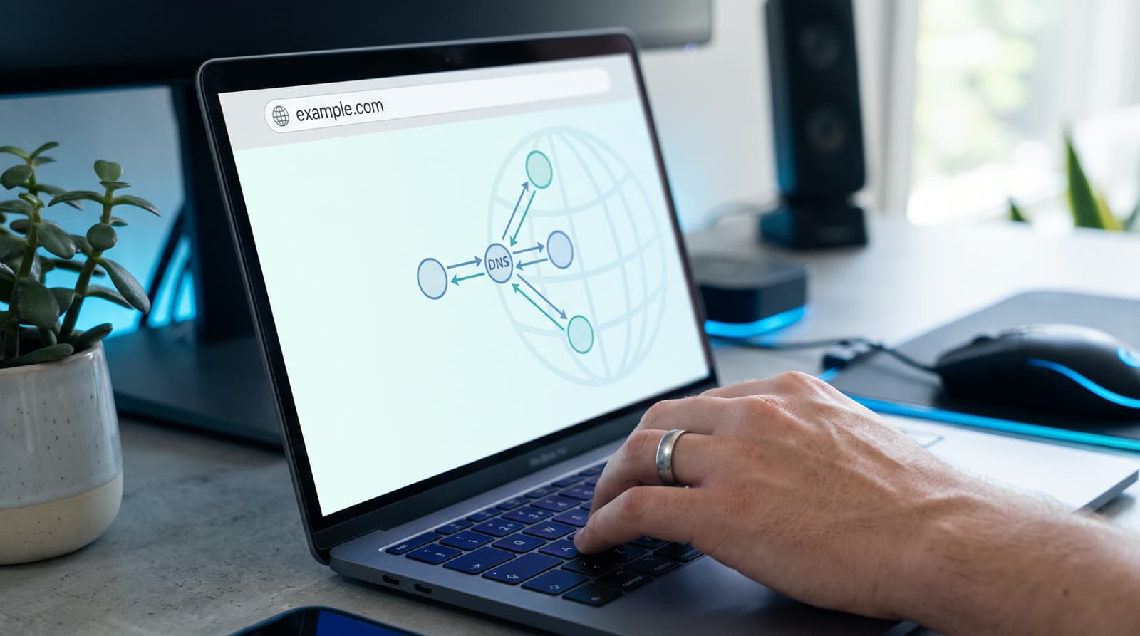 Hand typing a domain name into a browser address bar with a DNS diagram on screen