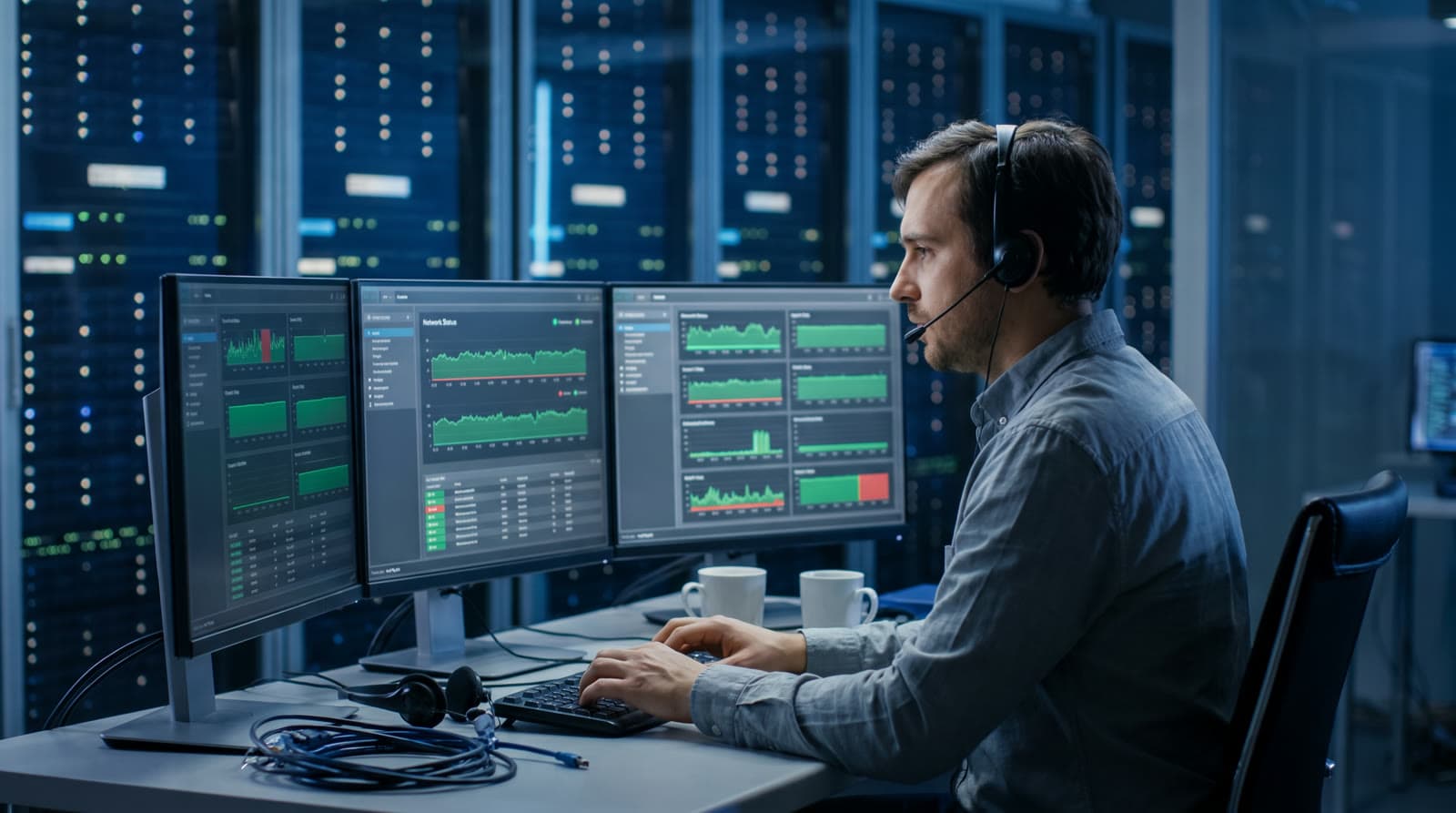 IT support technician monitoring website uptime dashboards on multiple screens