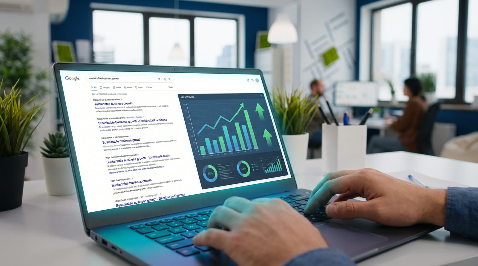 Laptop screen showing search engine results and rising analytics graphs