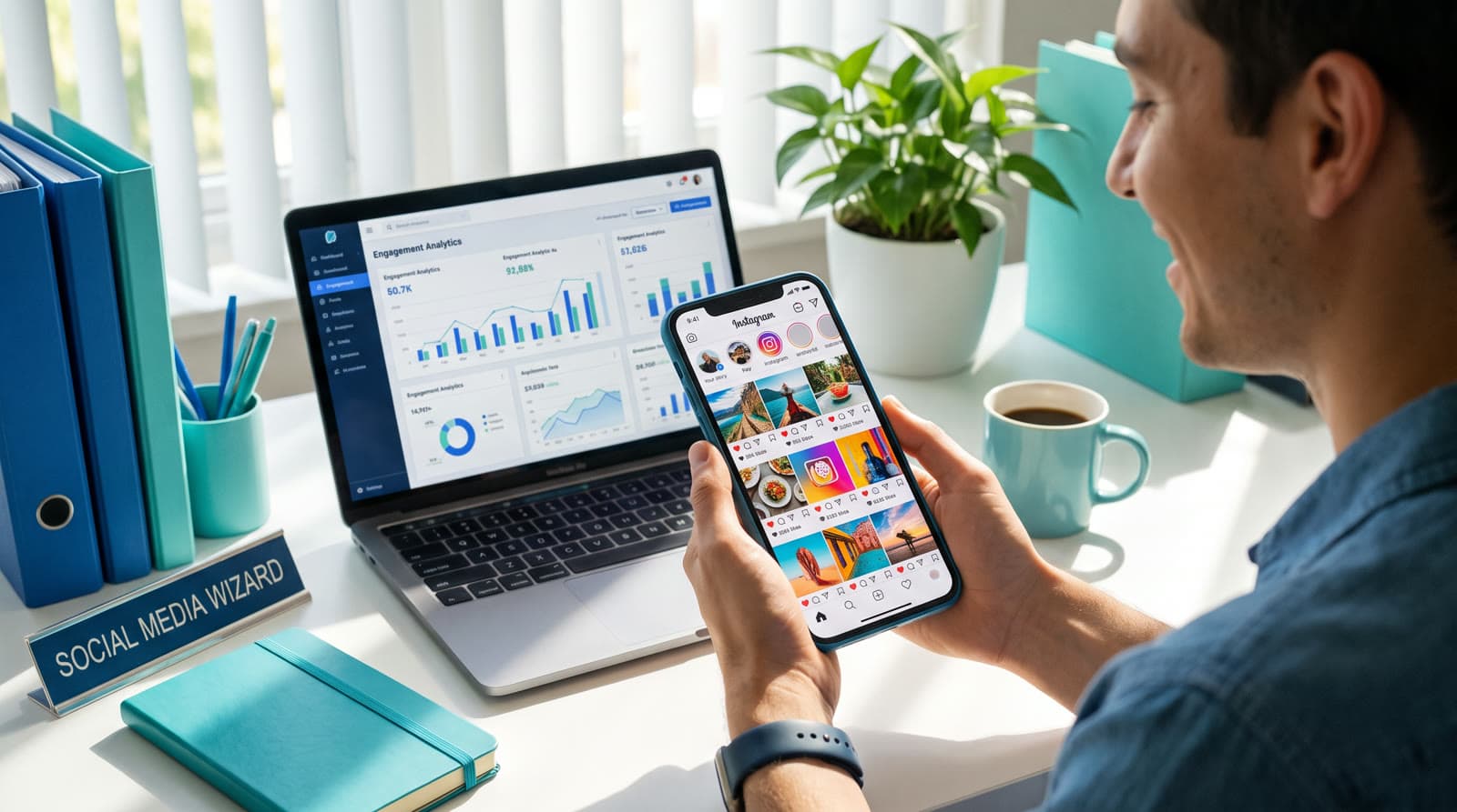 Social media manager reviewing an Instagram feed and engagement analytics