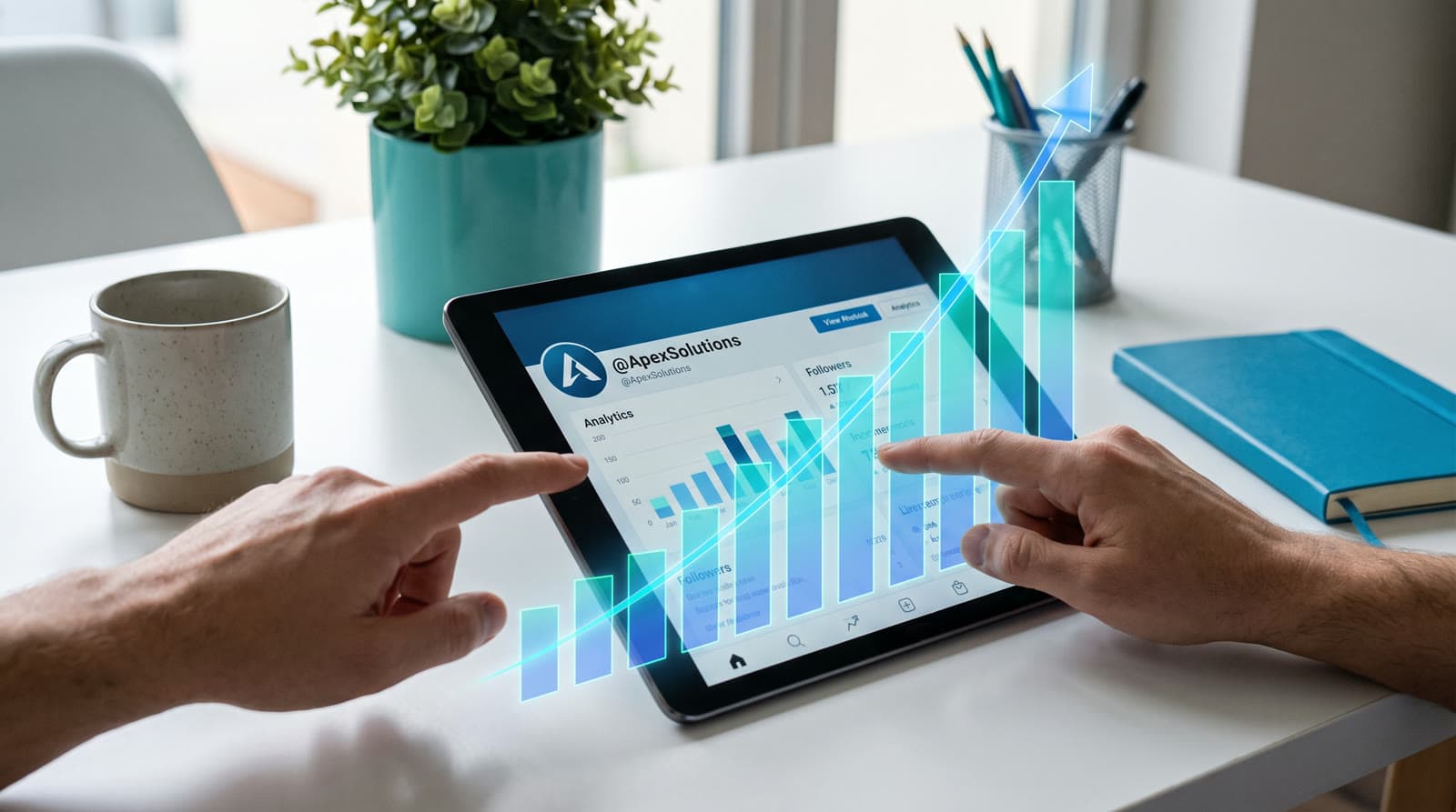 Hands optimizing a business social media profile on a tablet with a follower growth chart