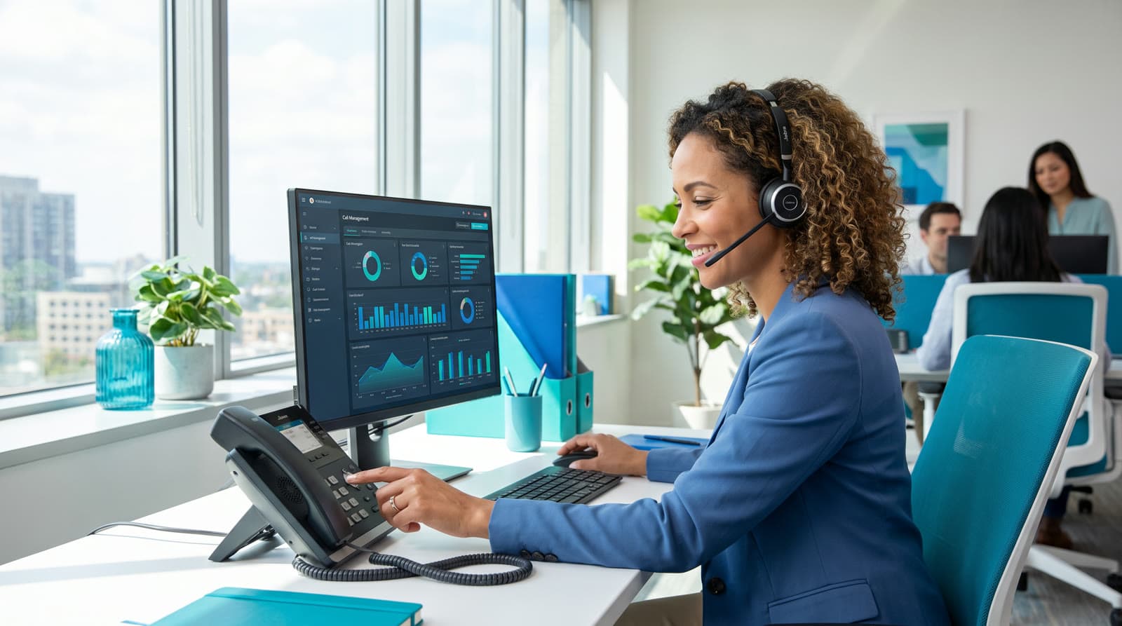 Office professional using a VoIP desk phone and headset with a call dashboard on screen