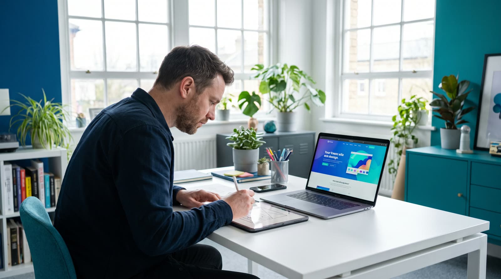 Designer sketching a website wireframe next to a laptop showing a website mockup